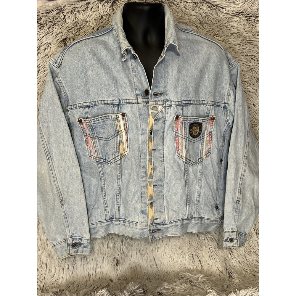 Vintage 90's Levis Silvertab Faded Denim Jean Jacket Large Western Aztec Grunge